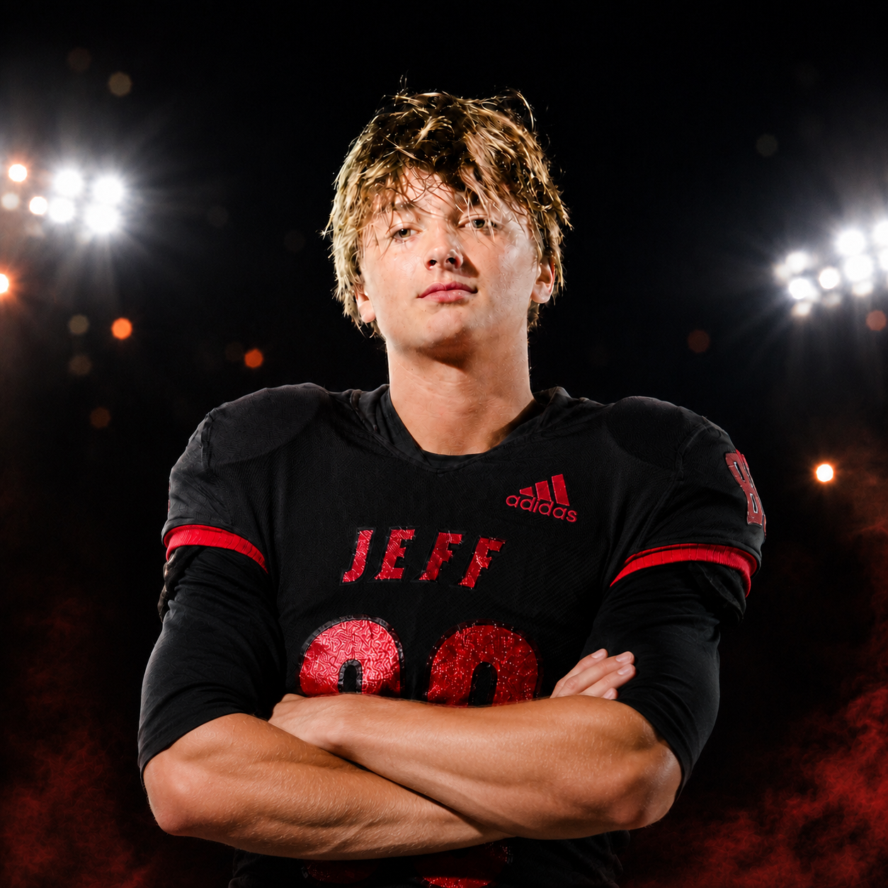 Josiah Washington in Lafayette Jeff Bronchos uniform under stadium lights
